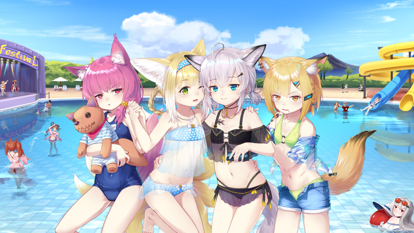 4boys 6+girls absurdres ahoge alternate_costume angelina_(arknights) angelina_(summer_flower)_(arknights) animal_ear_fluff animal_ears ansel_(arknights) ansel_(casual_vacation)_(arknights) arknights ass_visible_through_thighs bikini bikini_under_clothes black_bikini blonde_hair blue_bikini blue_eyes blue_one-piece_swimsuit blue_shirt braid breasts brother_and_sister brown_eyes camisole candy castle-3_(arknights) castle-3_(sum019.ver)_(arknights) cellphone ceobe_(arknights) ceobe_(summer_flowers)_(arknights) cloud covered_navel day earrings eyjafjalla_(arknights) eyjafjalla_(summer_flower)_(arknights) face-to-face food fox_ears fox_girl fox_tail green_bikini green_eyes gummy_(arknights) gummy_(summer_flowers)_(arknights) hair_ornament hairband hairclip hand_on_another's_shoulder hand_on_another's_waist highres holding_hands hugging_object ifrit_(arknights) ifrit_(sunburn)_(arknights) jaye_(arknights) jewelry kano_(kotailo) la_pluma_(arknights) lollipop long_hair low_twintails material_growth matterhorn_(arknights) matterhorn_(beach_guard)_(arknights) morte_(arknights) multiple_boys multiple_girls name_tag navel off-shoulder_bikini off_shoulder official_alternate_costume old_school_swimsuit one-piece_swimsuit one_eye_closed open_clothes open_mouth open_shorts oripathy_lesion_(arknights) outdoors phone polka_dot polka_dot_bikini pool provence_(arknights) provence_(casual_vacation)_(arknights) purple_eyes purple_hair rabbit_boy rabbit_ears rope_(arknights) rope_(summer_flowers)_(arknights) school_swimsuit see-through shamare_(arknights) shirt short_hair short_shorts short_sleeves short_twintails shorts siblings skadi_(arknights) skadi_(waverider)_(arknights) sky small_breasts smartphone smile sora_(arknights) sora_(summer_flowers)_(arknights) stage step-siblings stuffed_animal stuffed_toy sussurro_(arknights) sussurro_(summer_flower)_(arknights) suzuran_(arknights) swimsuit tail teddy_bear tequila_(arknights) thighs twin_braids twintails unbuttoned unzipped vermeil_(arknights) vigna_(arknights) vigna_(casual_vacation)_(arknights) water_slide white_hair zipper