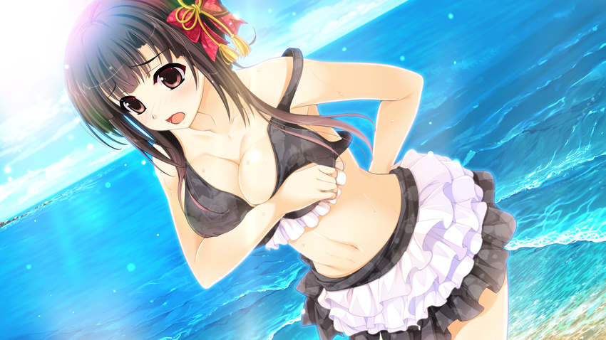 beach bikini breast_hold breasts brown_eyes brown_hair cleavage ecchi_de_hentai!_yakimochi_ojou-sama!! game_cg kichi_hyuuma navel shinomori_kazuha swimsuit water