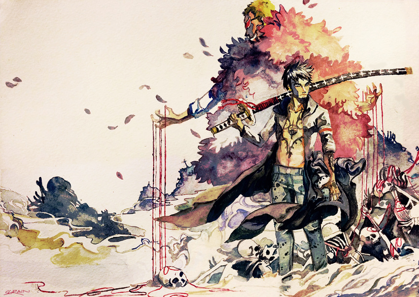 all_male black_hair blonde_hair bones donquixote_doflamingo katana leaves male one_piece serain short_hair signed skull sunglasses sword tattoo trafalgar_law weapon