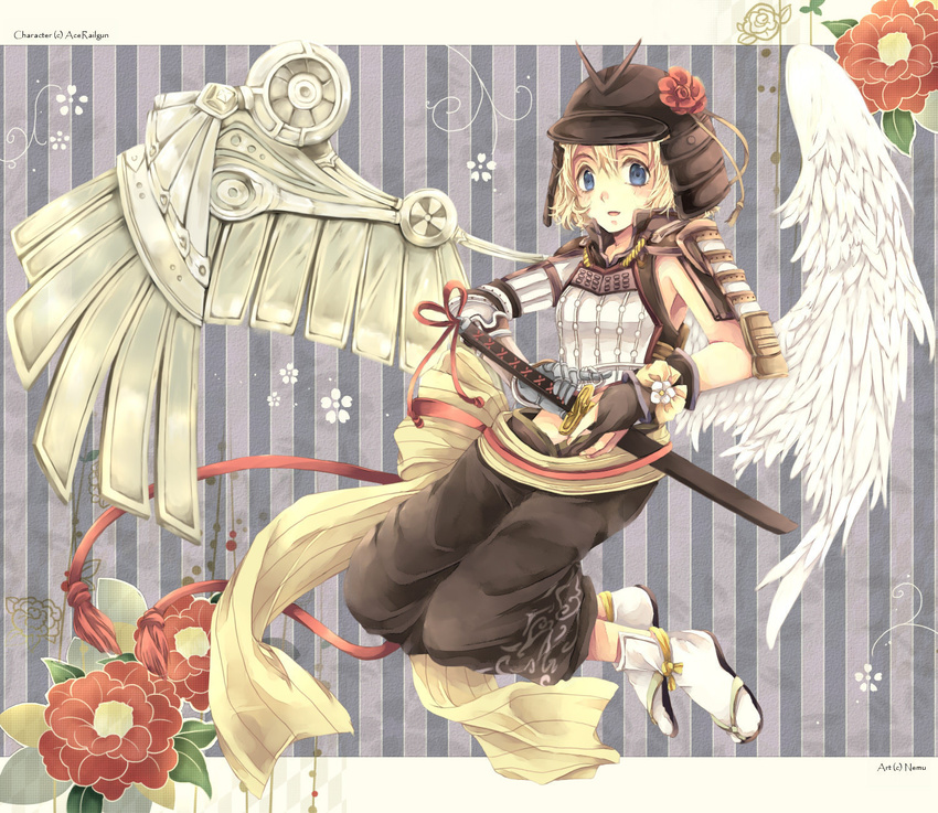 angel angel_wings armor artist_name asymmetrical_wings blonde_hair blue_eyes borrowed_character camellia_print cassie_(acerailgun) commentary commission cyborg english_commentary feathered_wings female floral_background floral_print flower full_body helmet highres japanese_armor mechanical_arms mechanical_wings nemurou original samurai sandals sheath sheathed shoulder_armor single_mechanical_arm sode solo sword wakizashi weapon wings wrist_cuffs