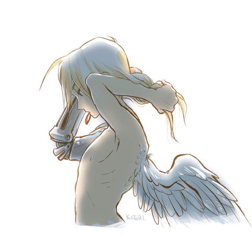 1boy angel_wings anna_kotori arms_up artist_name automail bare_back bare_pectorals blonde_hair braiding_hair commentary_request edward_elric expressionless feathered_wings fullmetal_alchemist hairdressing highres long_hair looking_away male_focus pectorals simple_background solo white_background wings