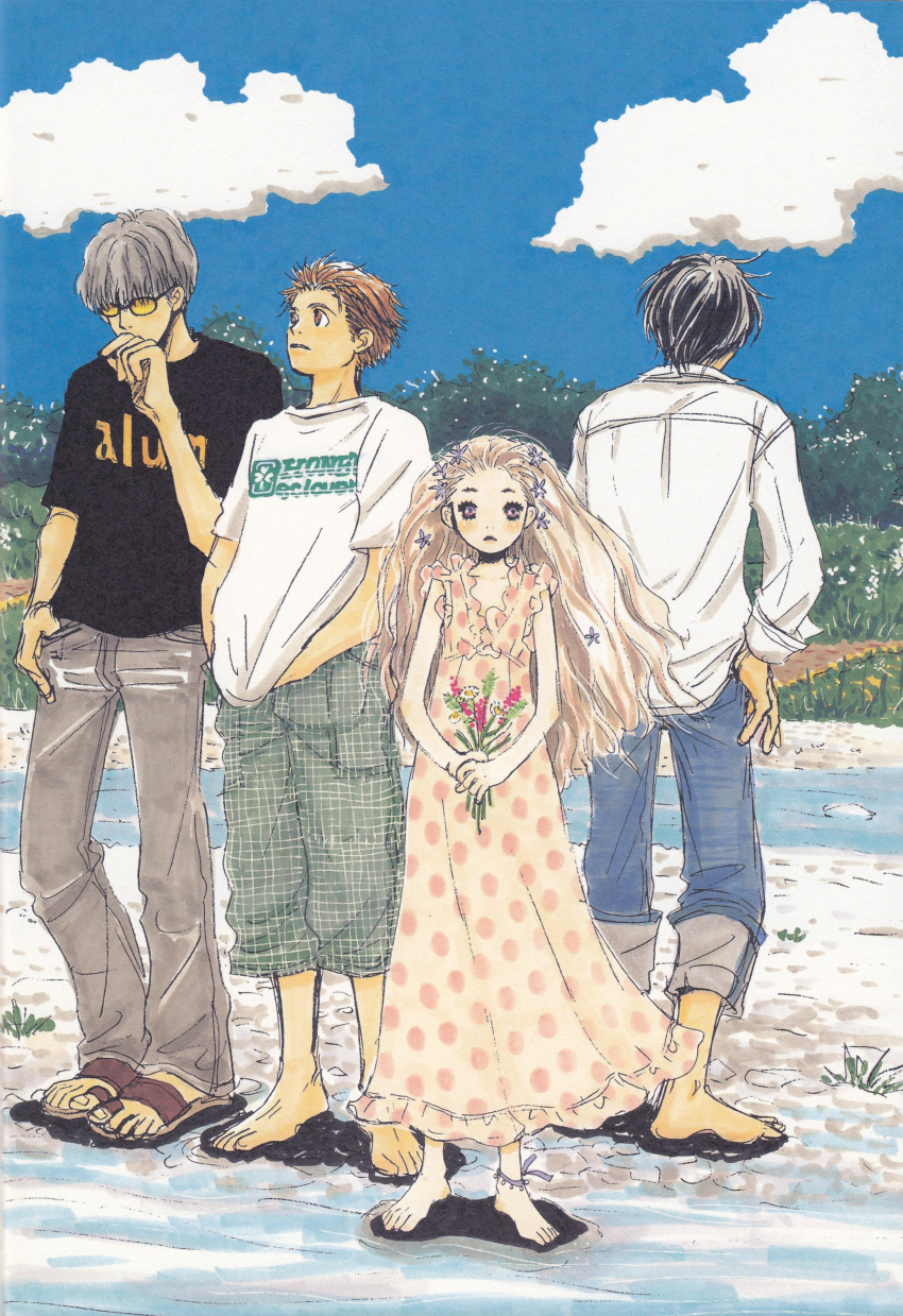 3boys absurdres anklet back barefoot beach black_hair blonde_hair blue_eyes brown_eyes brown_hair capri_pants cloud day dress feet female flower glasses grass grey_hair hanamoto_hagumi hand_in_pocket highres honey_and_clover jewelry long_hair long_sleeves looking_at_viewer mayama_takumi morita_shinobu multiple_boys outdoors pants pants_rolled_up river rock sandals shorts sky standing sunglasses takemoto_yuuta tree umino_chika water