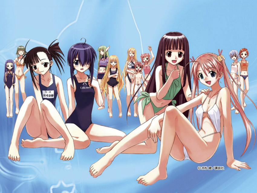 1boy 6+girls ahoge akamatsu_ken ayase_yue barefoot bell bikini black_hair blonde_hair blue_eyes blue_hair blush breasts brown_eyes brown_hair evangeline_a.k._mcdowell flat_chest green_eyes green_hair hair_bell hair_ornament hair_over_one_eye heterochromia hime_cut izumi_ako jewelry kagurazaka_asuna karakuri_chachamaru konoe_konoka long_hair mahou_sensei_negima! miyazaki_nodoka multiple_girls murakami_natsumi nagase_kaede navel necklace negi_springfield official_art official_wallpaper one-piece_swimsuit orange_hair purple_hair sakurazaki_setsuna school_swimsuit side-tie_bikini_bottom side_ponytail smile swimsuit tankini twintails yukihiro_ayaka