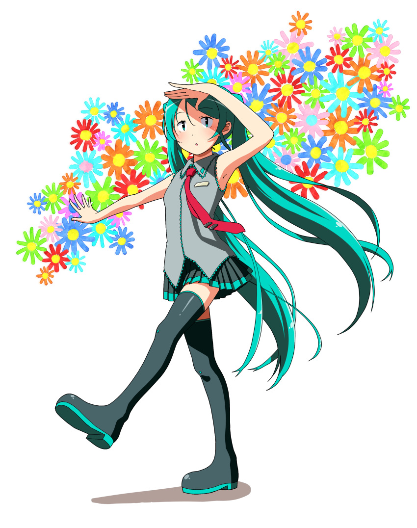 absurdres aqua_eyes aqua_hair boots commentary_request female flower hatsune_miku highres imao_kiiru long_hair necktie partial_commentary skirt solo thigh_boots thighhighs twintails very_long_hair vocaloid walking