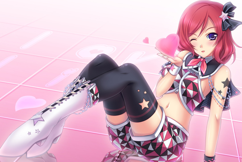 ;o arm_support black_legwear blowing_kiss boots breasts commentary_request female hair_ornament hair_ribbon heart looking_at_viewer love_live! love_live!_school_idol_project medium_breasts medium_hair midriff navel nishikino_maki one_eye_closed photoshop_(medium) pink_hair purple_eyes ribbon shoes shorts star_(symbol) star_hair_ornament stomach thighhighs tile_floor tiles tsukimi_kirara