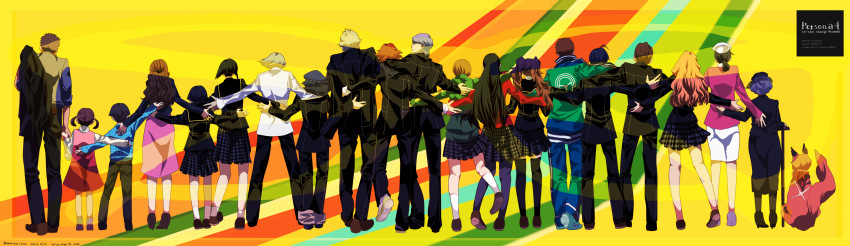 6+boys 6+girls absolutely_everyone absurdres ahoge amagi_yukiko apron bad_id bad_pixiv_id bare_legs belt black_dress black_hair black_pantyhose black_thighhighs blonde_hair blue_hair bowl_cut brown_hair cabbie_hat cane cardigan crossdressing curly_hair doujima_nanako doujima_ryoutarou dress dress_shirt ebihara_ai english_text everyone formal fox from_behind funeral_veil glasses grey_hair hanamura_yousuke hand_on_another's_back hat high_heels highres holding_hands ichijou_kou jacket jacket_on_shoulders jacket_over_shoulder jersey kitsune_(persona_4) kneehighs konishi_naoki kujikawa_rise kuma_(persona_4) kuroda_hisano long_hair lyrics matsunaga_ayane minami_eri multiple_boys multiple_girls nagase_daisuke nakajima_shu narukami_yuu nurse nurse_cap ozawa_yumi pants pants_rolled_up pantyhose persona persona_4 persona_4_the_animation ponytail reverse_trap satonaka_chie scar scarf school_uniform serafuku shirogane_naoto shirt shoes short_hair short_twintails siroco skirt socks spiked_hair standing straight_hair suit sweater tatsumi_kanji thighhighs track_jacket track_pants turtleneck twintails uehara_sayoko unworn_jacket veil wavy_hair yasogami_school_uniform