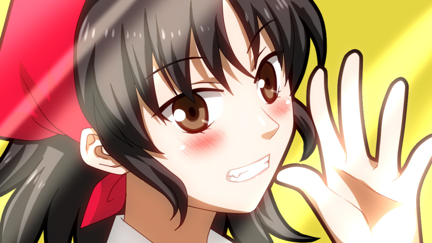 bandana billie black_hair blush brown_eyes commentary_request danshi_koukousei_no_nichijou female joshi_kousei nago-san_(danshi_koukousei) oerba_yun_fang parody ribbon smile solo