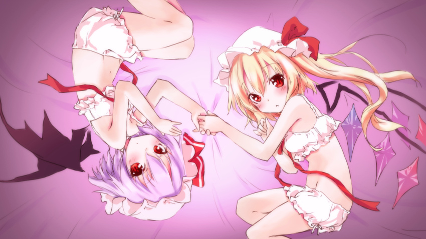 2girls :< bad_id bad_pixiv_id blonde_hair bloomers blush flandre_scarlet hat light_purple_hair long_hair lying multiple_girls navel red_eyes remilia_scarlet rotational_symmetry saeki_touma short_hair siblings side_ponytail sisters touhou underwear underwear_only white_bloomers wings