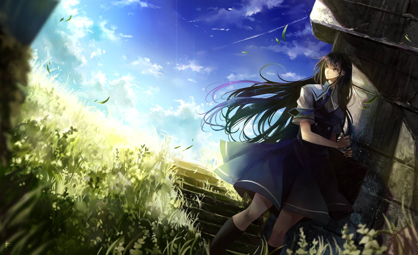 black_socks blue_sky cloud commentary_request day dress female grisaia_(series) grisaia_no_kajitsu long_hair nako_(nonrain) necktie outdoors sakaki_yumiko scenery school_uniform sky socks solo