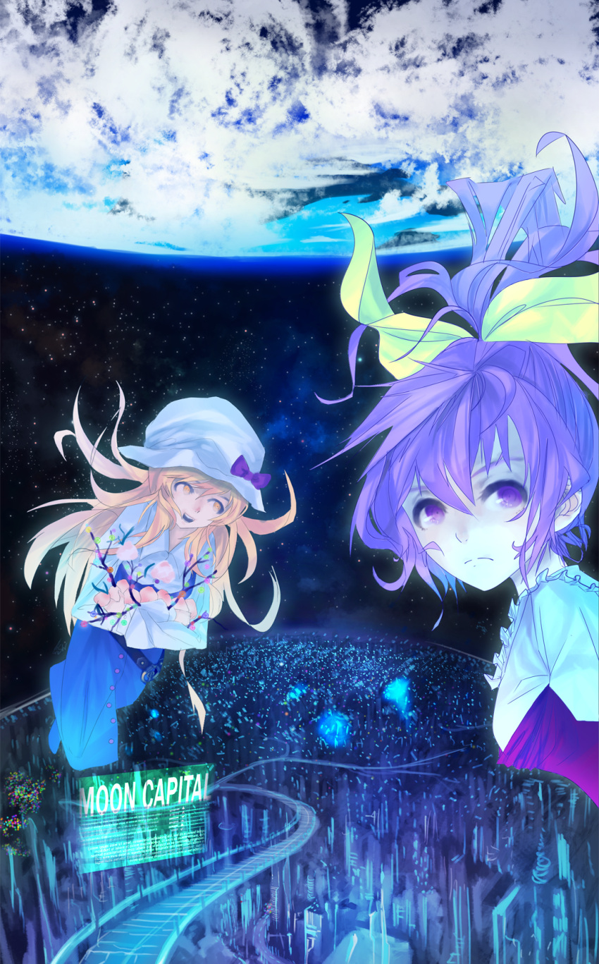 2girls belt blonde_hair bow branch city cityscape commentary_request earth_(planet) english_text floating hair_between_eyes hairbow hat highres jeweled_branch_of_hourai long_hair multiple_girls open_mouth planet ponytail purple_eyes purple_hair shinigami_wyvern siblings sisters sky star_(sky) starry_sky touhou watatsuki_no_toyohime watatsuki_no_yorihime yellow_eyes