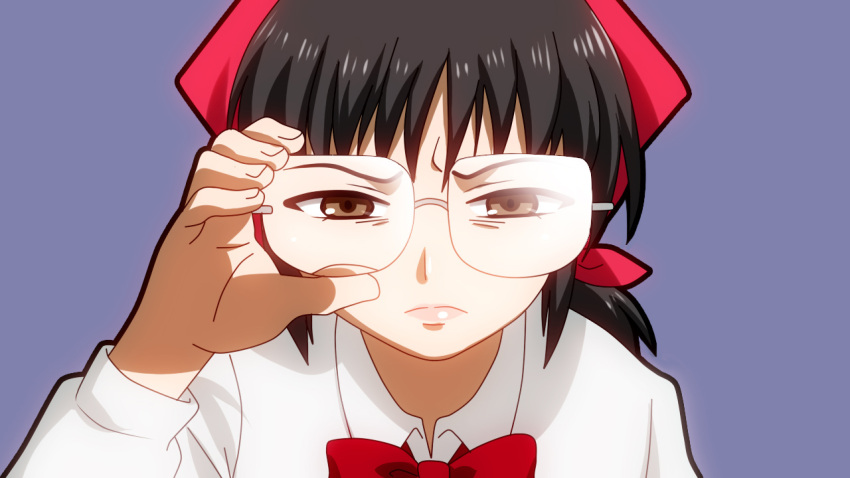 adjusting_eyewear bandana billie black_hair brown_eyes commentary_request danshi_koukousei_no_nichijou female glasses joshi_kousei nago-san_(danshi_koukousei) parody photoshop_(medium) ribbon solo