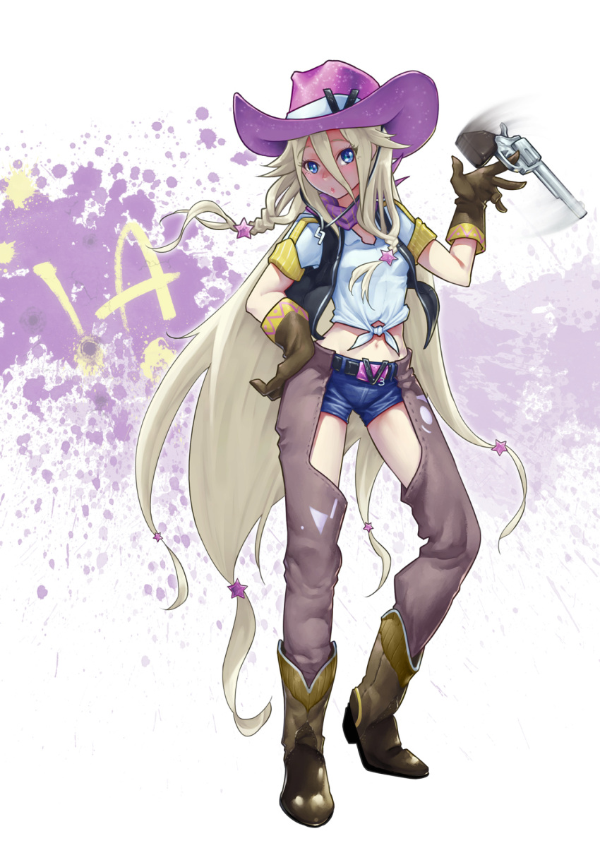 bad_id bad_pixiv_id black_light blonde_hair blue_eyes blue_shorts boots chaps cowboy_boots cowboy_hat cowboy_western denim denim_shorts female full_body gloves gun hand_on_own_hip handgun hat highres ia_(vocaloid) long_hair photoshop_(medium) revolver shirt shorts solo star_(symbol) tied_shirt very_long_hair vest vocaloid weapon