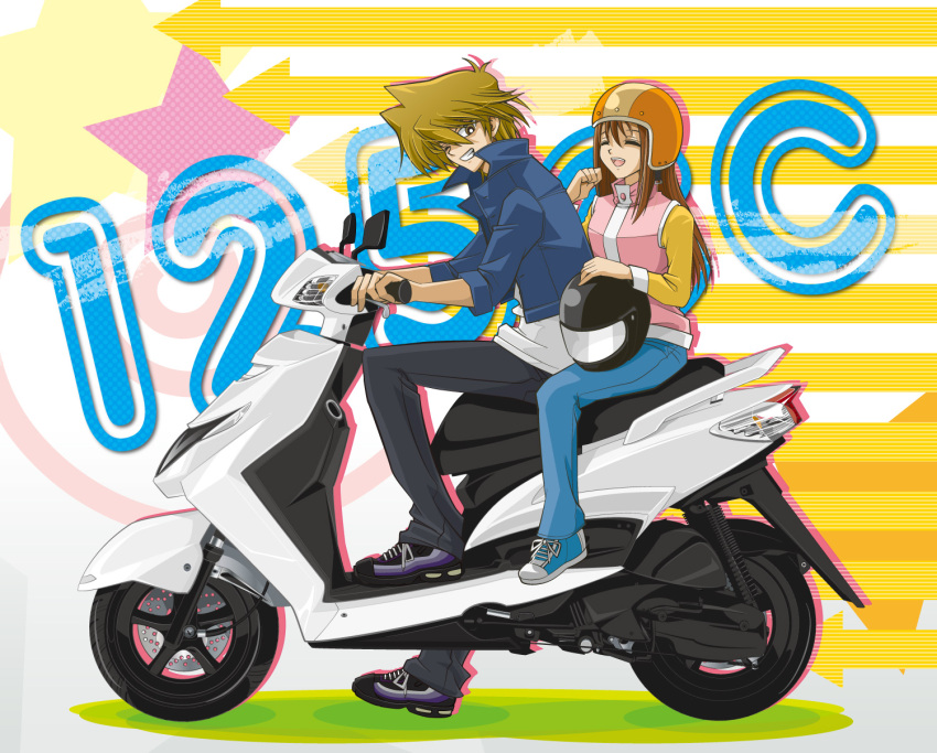 1boy :d ^_^ blonde_hair brother_and_sister brown_hair closed_eyes commentary_request female helmet highres jacket jonouchi_katsuya kawai_shizuka long_hair motor_vehicle on_scooter one_eye_closed open_mouth scooter shoes siblings smile summer_tree_(natsuking) teeth yu-gi-oh! yu-gi-oh!_duel_monsters