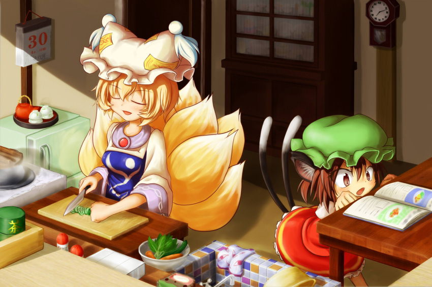 2girls analog_clock animal_ears apron blonde_hair bontoro book brown_eyes brown_hair calendar_(object) cat_ears cat_tail chen clock closed_eyes commentary_request cooking cutting_board fox_tail hat indoors kitchen kitchen_knife knife lolicon mob_cap multiple_girls multiple_tails nekomata page-a-day_calendar pendulum_clock recipe_(object) santoku_knife shirt sink skirt skirt_set tail tea_set touhou wall_clock yakumo_ran