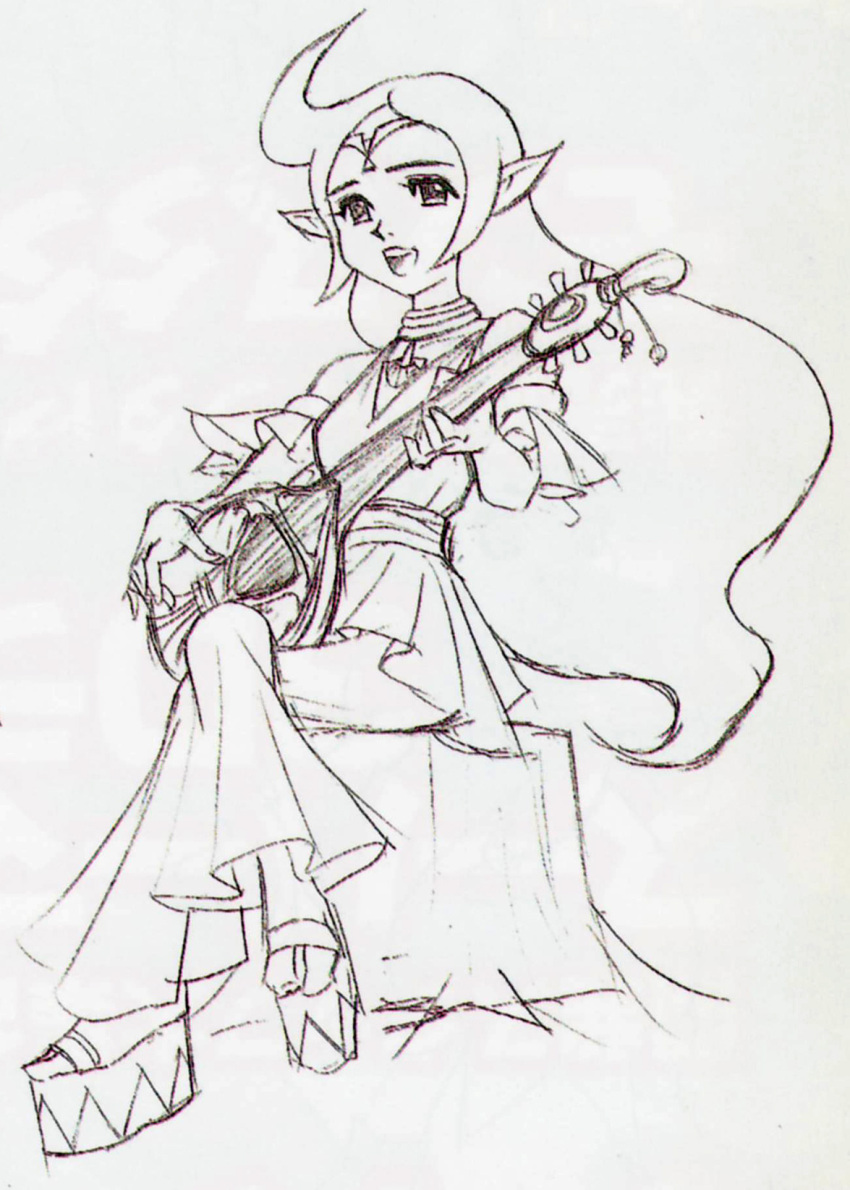 choker circlet concept_art dress female highres hyrule_historia instrument jewelry legs_crossed long_hair monochrome nayru nintendo open_mouth oracle_of_ages platform_footwear platform_sandals pointy_ears sandals sitting smile the_legend_of_zelda the_legend_of_zelda:_oracle_of_ages ukulele very_long_hair