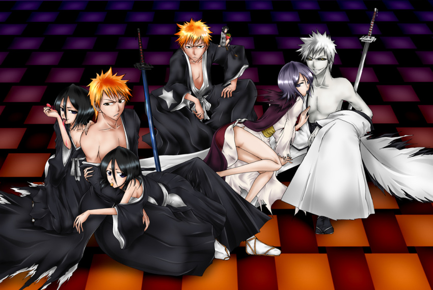 black_hair black_sclera bleach bleach:_fade_to_black brown_eyes cape dark_rukia food fruit grin hand_on_shoulder japanese_clothes kuchiki_rukia kurosaki_ichigo licking lying lying_on_person minigirl mouth_hold multiple_persona off_shoulder on_shoulder orange_hair purple_eyes purple_hair school_uniform shirosaki_hichigo short_hair sitting smile strawberry sword tongue weapon white_hair white_skin xruka yellow_eyes zangetsu