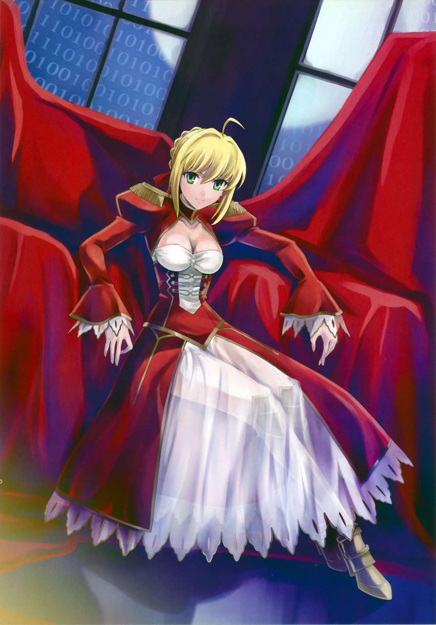 ahoge binary blonde_hair breasts cleavage dress epaulettes fate/extra fate_(series) female full_body green_eyes hair_ribbon highres medium_breasts nero_claudius_(fate) nero_claudius_(fate/extra) ribbon see-through shirotsumekusa sitting smile solo