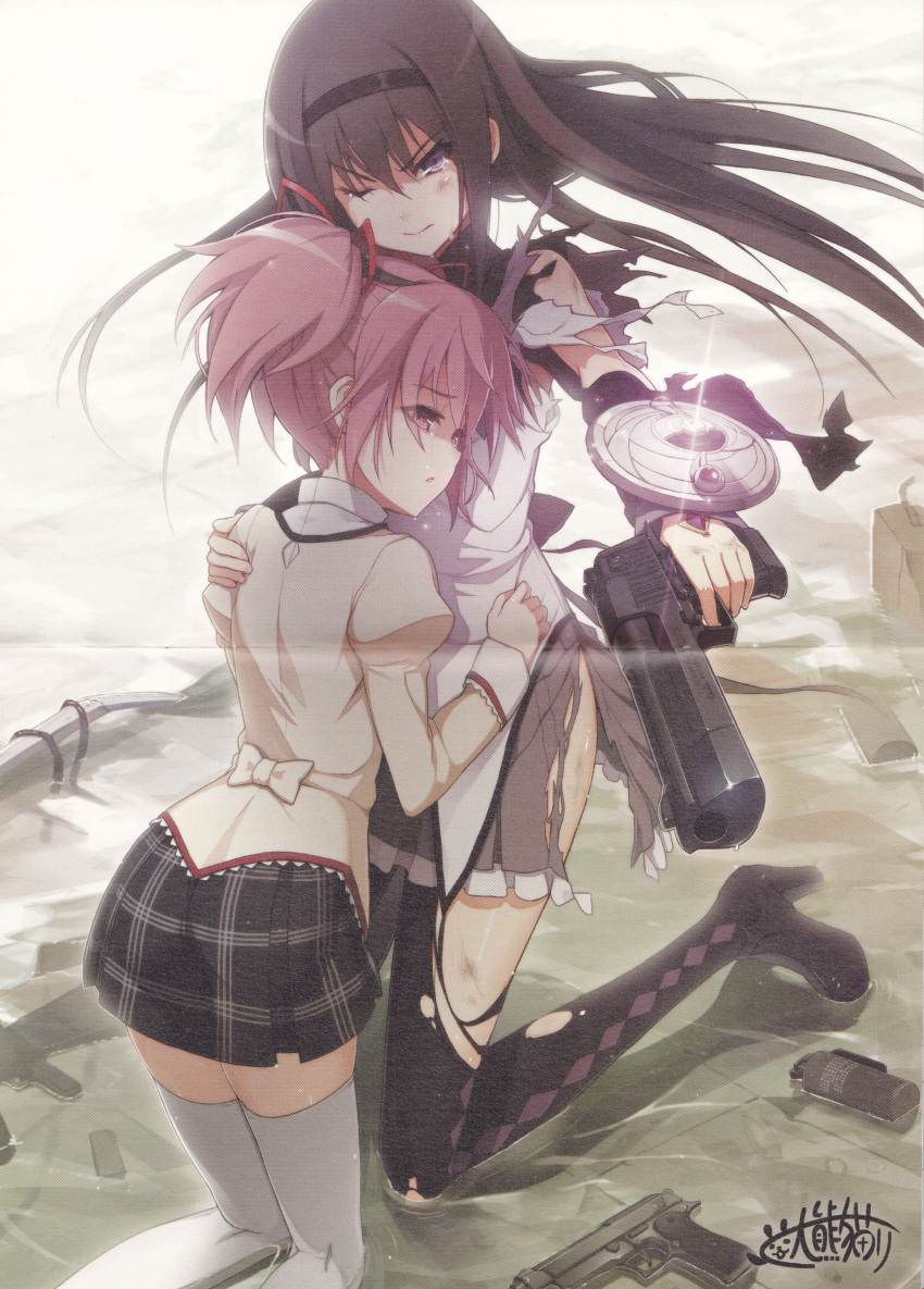 2girls absurdres akemi_homura akemi_homura_(magical_girl) bare_shoulders black_hair crease desert_eagle explosive foreshortening gangsta_hold grenade gun hair_ribbon hairband hand_on_shoulder handgun highres hug juliet_sleeves kaname_madoka kneeling long_hair long_sleeves mahou_shoujo_madoka_magica mahou_shoujo_madoka_magica_(anime) mitakihara_school_uniform multiple_girls one_eye_closed pantyhose pink_eyes pink_hair plaid plaid_skirt pleated_skirt puffy_sleeves purple_eyes ribbon sad scan school_uniform serious shield short_twintails skirt tears thighhighs torn_clothes twintails weapon