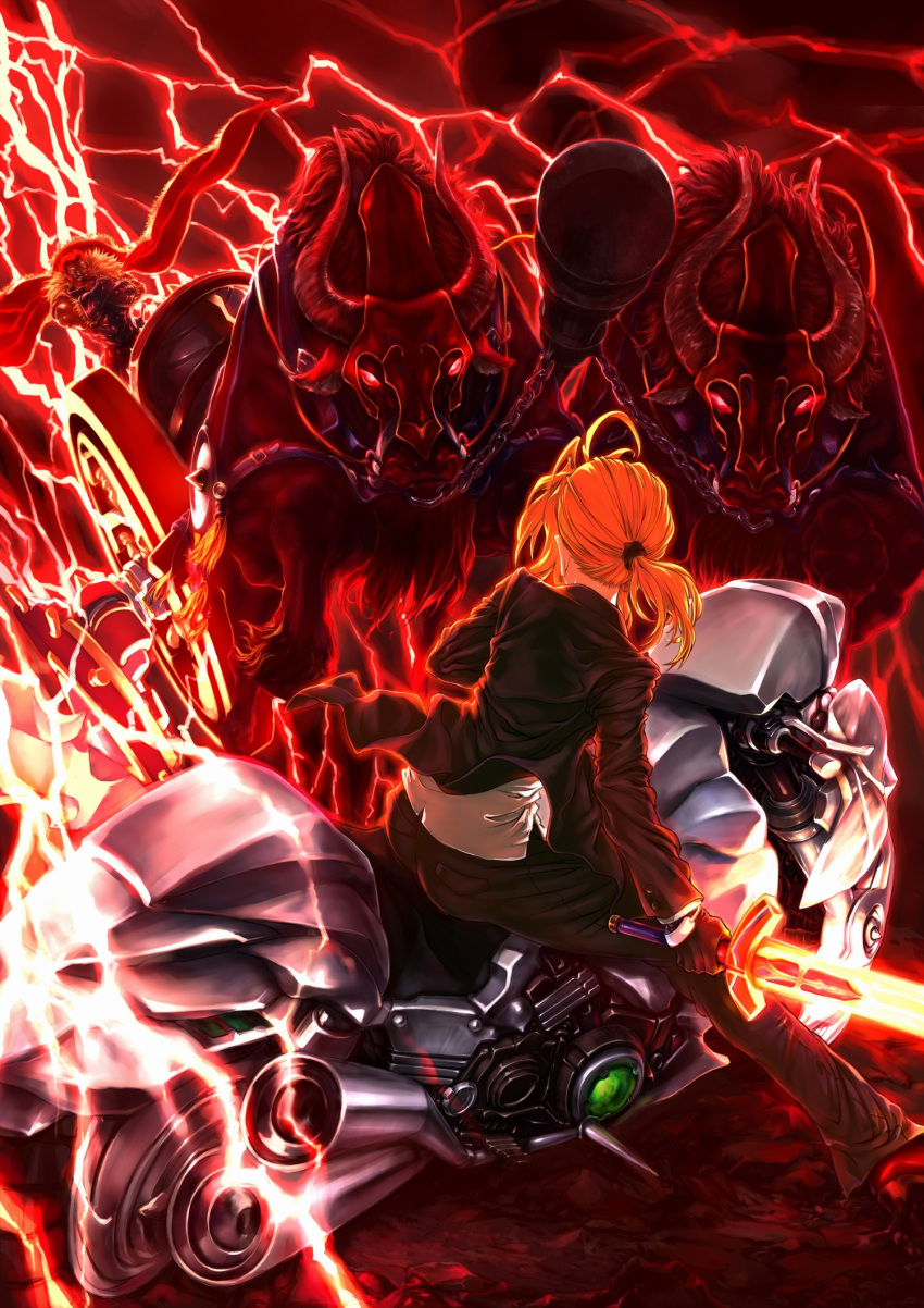 1boy ahoge artoria_pendragon_(fate) black_gloves blonde_hair bull cape chariot chinese_commentary commentary_request electricity excalibur_(fate/stay_night) fate/zero fate_(series) female formal gloves glowing glowing_weapon gordius_wheel_(fate) highres iskandar_(fate) jian_huang long_hair motor_vehicle motorcycle pant_suit pants ponytail red_hair saber_(fate) suit weapon