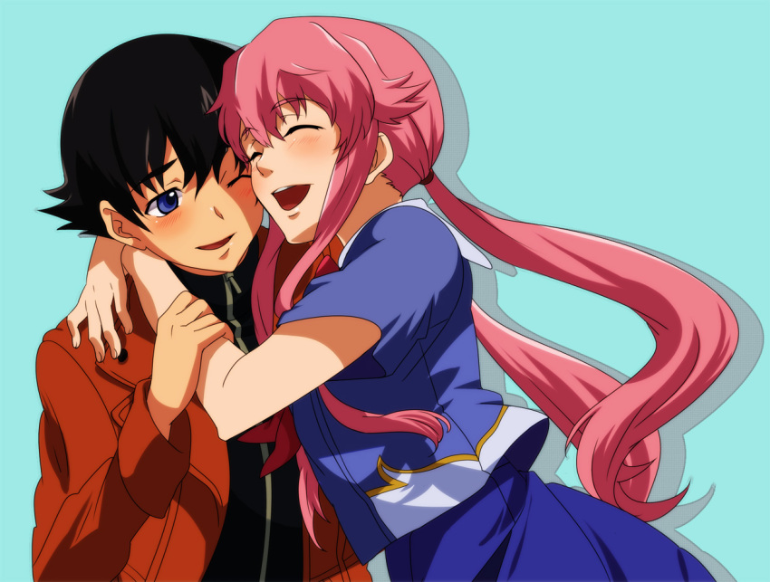 1boy ageha amano_yukiteru black_hair blue_eyes blush commentary_request couple female gasai_yuno happy hug jacket long_hair mirai_nikki open_mouth photoshop_(medium) pink_hair short_hair simple_background straight