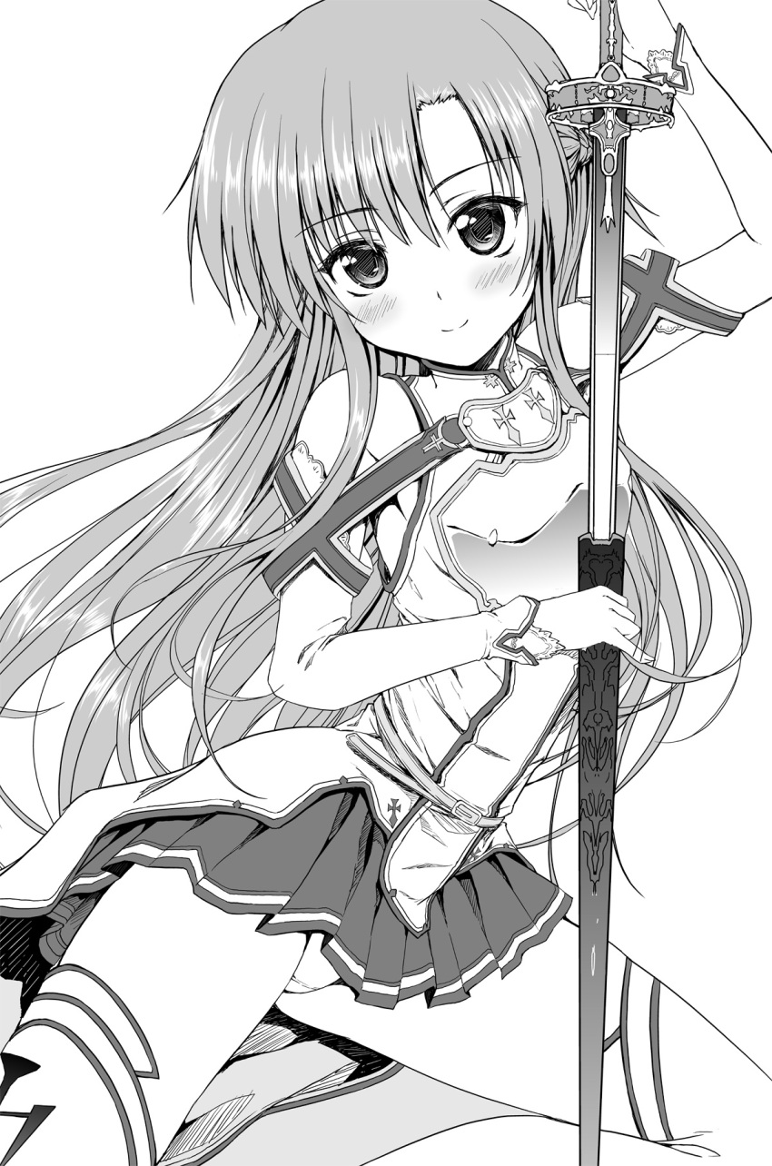 akizuki_akina armor asuna_(sao) bad_id bad_pixiv_id blush detached_sleeves female greyscale highres long_hair looking_at_viewer monochrome panties pantyshot pleated_skirt scabbard sheath skirt smile solo sword sword_art_online thighhighs underwear unsheathing weapon white_background