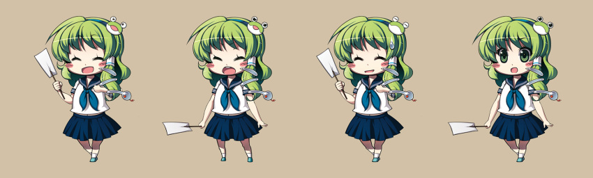 alternate_costume chibi commentary_request female frog_hair_ornament gohei green_eyes green_hair hair_ornament highres kabayaki_unagi kochiya_sanae long_hair school_uniform serafuku simple_background snake_hair_ornament sweatdrop touhou