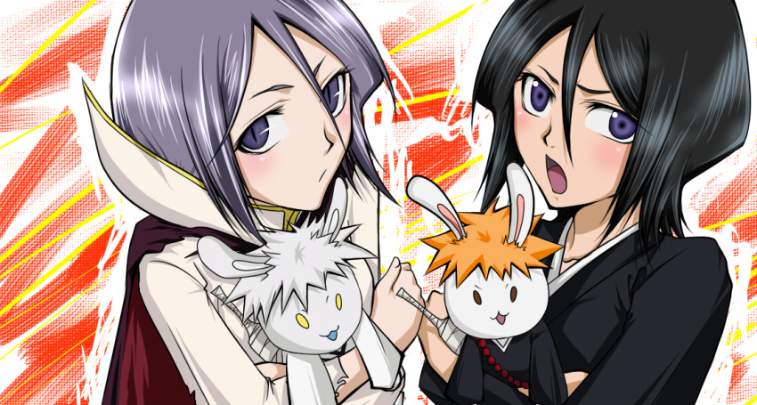 animal_ears black_hair bleach bleach:_fade_to_black bunny_ears cape dark_rukia doll dual_persona holding japanese_clothes kuchiki_rukia kurosaki_ichigo open_mouth orange_hair purple_eyes purple_hair shirosaki_hichigo short_hair slit_pupils sword weapon white_hair white_skin xruka yellow_eyes