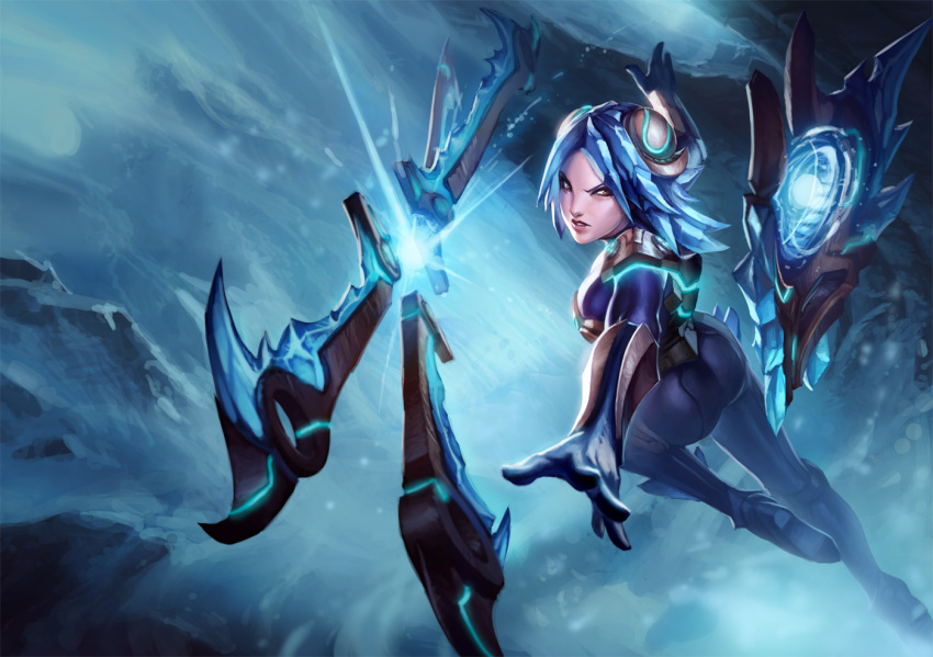 ass bad_link blue_hair bodysuit brown_eyes female foreshortening frostblade_irelia hair_ornament ice irelia league_of_legends lips official_art short_hair solo sword weapon