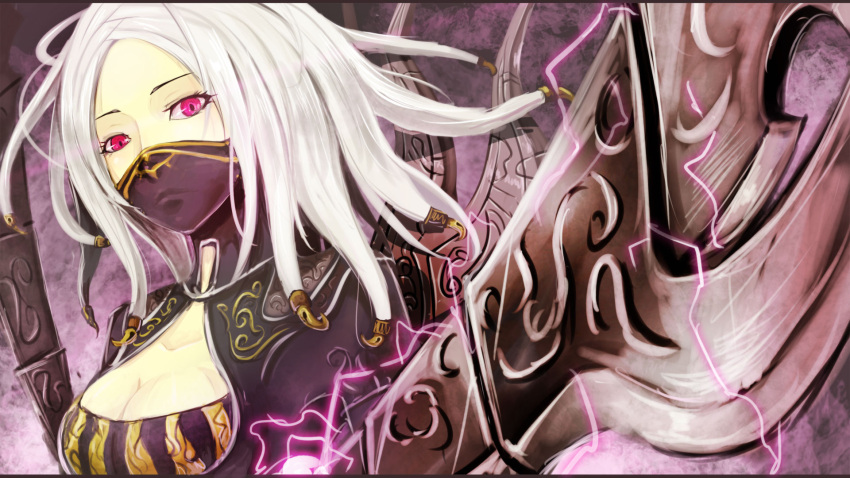 beancurd breasts cleavage cleavage_cutout clothing_cutout commentary electricity female highres irelia league_of_legends looking_at_viewer mask medium_breasts nightblade_irelia pink_eyes purple_eyes short_hair solo sword weapon white_hair