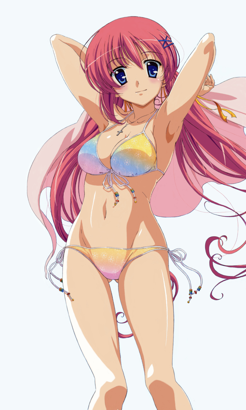 absurdres armpits arms_behind_head arms_up artist_request bare_shoulders bikini blue_eyes blush breasts cleavage cross da_capo da_capo_ii female female front-tie_top groin hair_ornament hair_ribbon hairclip highres jewelry legs light_smile long_hair looking_at_viewer mound_of_venus multicolored_bikini navel necklace pink_hair red_hair ribbon shirakawa_nanaka side-tie_bikini simple_background solo standing strap_gap swimsuit thighs towel twintails very_long_hair white_background