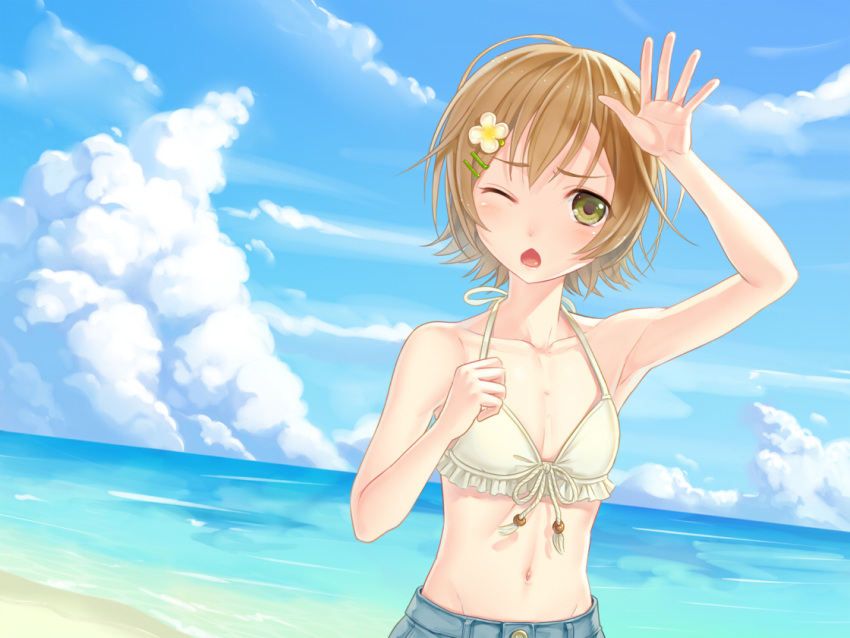 1boy armpits beach bikini bikini_top_only brown_hair chestnut_mouth cloud commentary_request crossdressing day green_eyes hair_ornament hairclip mako-chan_(minami-ke) makoto_(minami-ke) male_focus minami-ke navel ocean one_eye_closed otoko_no_ko otosume_ruiko outdoors sky solo swimsuit