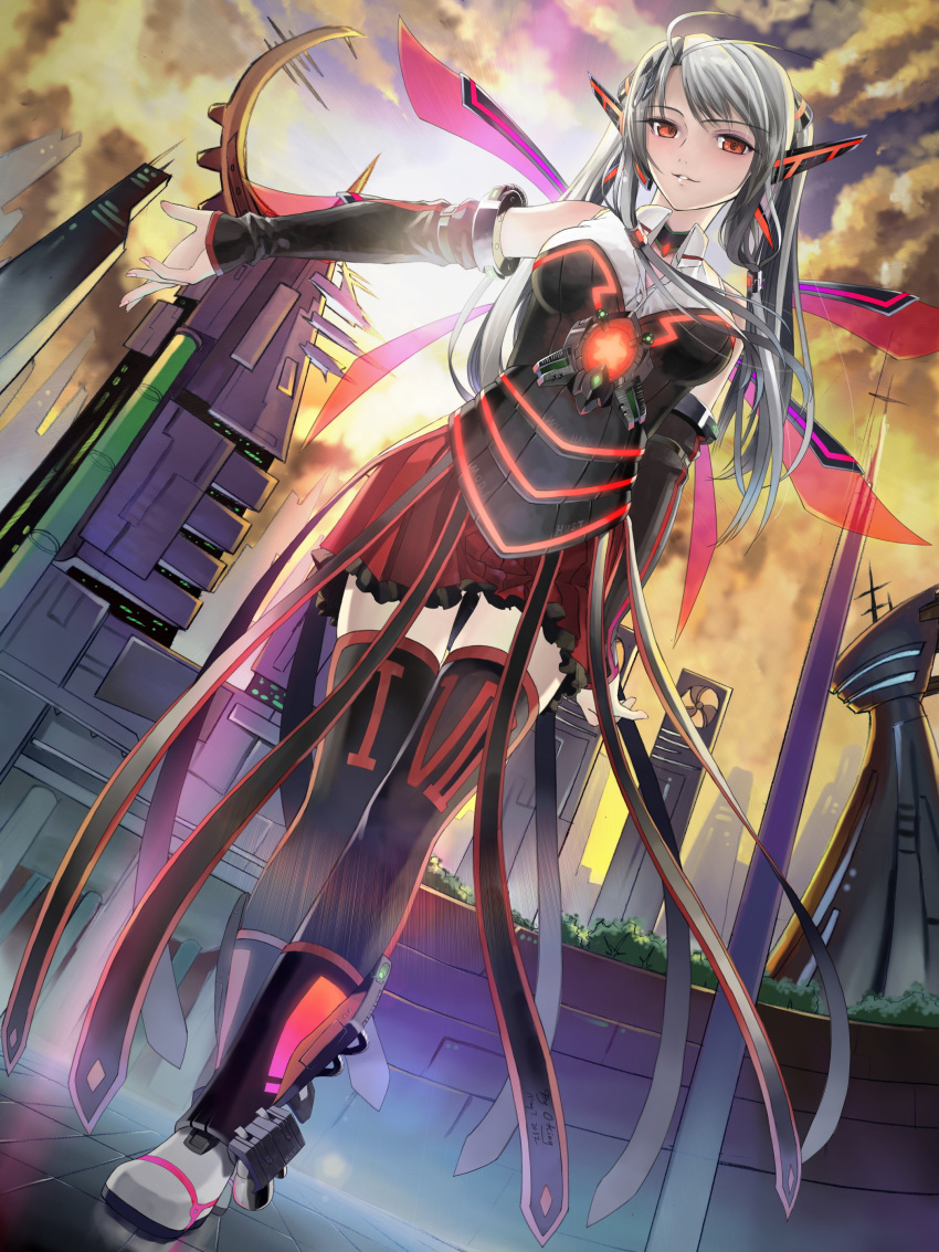 absurdres ass_visible_through_thighs cityscape commentary_request copyright_request dutch_angle female from_below grey_hair highres mecha_musume okingjo pleated_skirt red_eyes robot_ears skirt thighhighs wings zettai_ryouiki