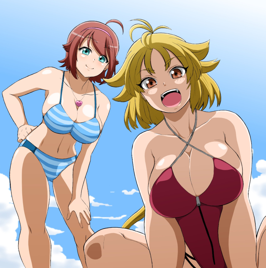 2girls :d aged_up ahoge amano_madoka antenna_hair aqua_eyes bare_shoulders beyblade bikini blonde_hair blue_bikini blue_sky blush breasts breasts_squeezed_together brown_eyes brown_hair bursting_breasts casual_one-piece_swimsuit cleavage cloud commentary_request criss-cross_halter day from_below hairband halterneck hand_on_own_hip hand_on_own_thigh heart heart_necklace highleg highleg_swimsuit hokuto_(tokuho) jewelry kurenai_ren large_breasts leaning_forward long_hair looking_at_viewer metal_fight_beyblade multiple_girls navel necklace one-piece_swimsuit open_mouth outdoors pendant red_one-piece_swimsuit short_hair skindentation sky smile spiked_hair spread_legs squatting standing striped_bikini striped_clothes swimsuit thick_thighs thighs toned v-shaped_eyebrows very_long_hair wide_hips zipper