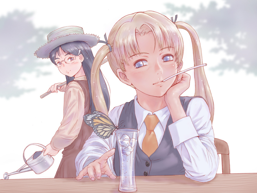 2girls black_hair blonde_hair blue_eyes brown_eyes bug butterfly claes commentary_request drinking_straw glass glasses gun gunslinger_girl hair_ornament hairclip head_rest highres ice long_hair mouth_hold multiple_girls necktie smile triela twintails watering_can weapon yoshikawa_kazunori