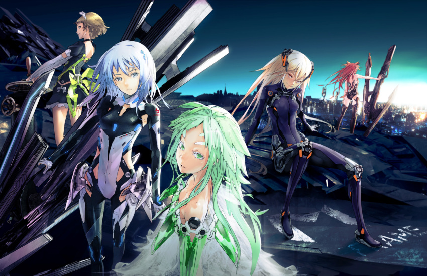 5girls bare_shoulders beatless blonde_hair blue_eyes blue_hair bodysuit breasts brown_hair cityscape commentary_request eyebrows green_eyes green_hair highres huge_weapon kouka_(beatless) leicia long_hair looking_at_viewer mariage md5_mismatch methode_(beatless) multiple_girls official_art red_hair redjuice resolution_mismatch short_hair small_breasts smile snowdrop_(beatless) source_smaller sword weapon