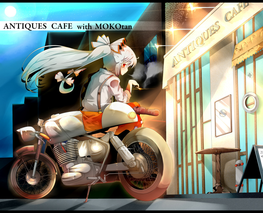 absurdres cafe cigarette commentary_request contemporary female fujiwara_no_mokou grey_hair highres jinkou-kuu long_hair looking_at_viewer menu_board motor_vehicle motorcycle outdoors ponytail red_eyes sitting smoking solo touhou very_long_hair