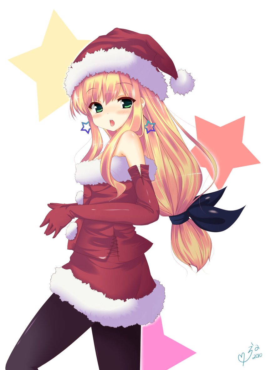 absurdres bad_id bad_nicoseiga_id black_pantyhose blonde_hair blush earrings elbow_gloves female gloves green_eyes hair_ribbon highres isurugi_mio jewelry long_hair looking_back mimura_zaja mm! open_mouth pantyhose red_gloves ribbon santa_costume solo star_(symbol) star_earrings