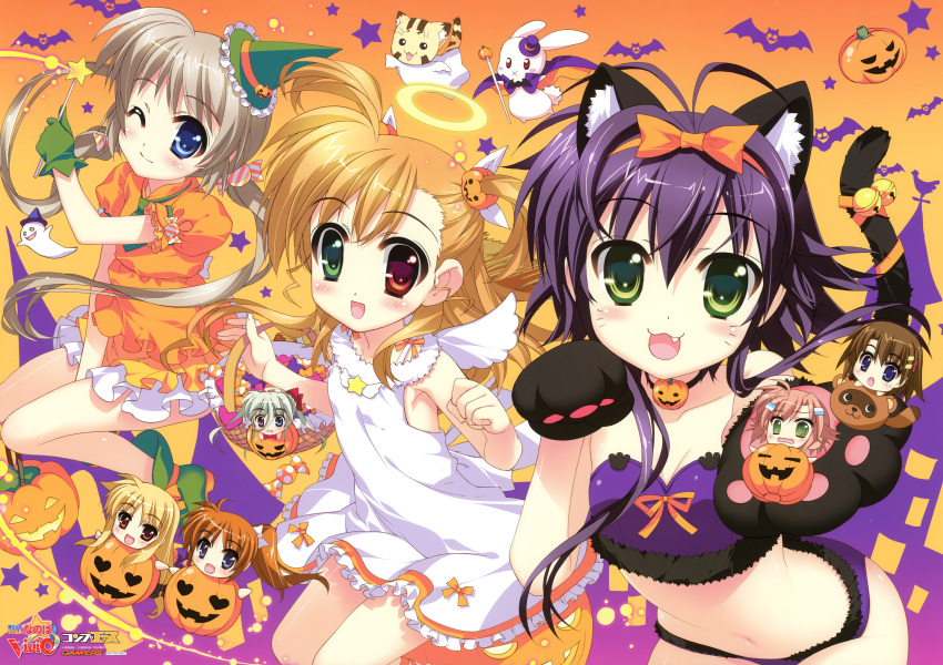 6+girls :3 :d :o :x ;) absurdres angel animal_ears animal_hands asteion basket bat_(animal) bell blonde_hair blue_eyes brown_hair cape cat_ears cat_paws cat_tail chibi copyright_name corona_timir dress einhard_stratos fate_testarossa fujima_takuya ghost gloves green_eyes green_gloves grey_hair hair_ornament hairband halloween halo headband heart heart-shaped_eyes heterochromia highres holding jack-o'-lantern long_hair lyrical_nanoha mahou_shoujo_lyrical_nanoha_vivid mini_person minigirl miura_rinaldi multiple_girls navel o_o oerba_yun_fang official_art one_eye_closed open_mouth orange_hairband orange_shirt paint.net_(medium) pink_hair pumpkin purple_eyes purple_hair rabbit red_eyes red_hair rio_wezley sacred_heart scan shirt side_ponytail skirt sleeveless sleeveless_dress smile star_(symbol) tail tail_bell tail_ornament takamachi_nanoha twintails vivio wand white_wings wings x_hair_ornament yagami_hayate