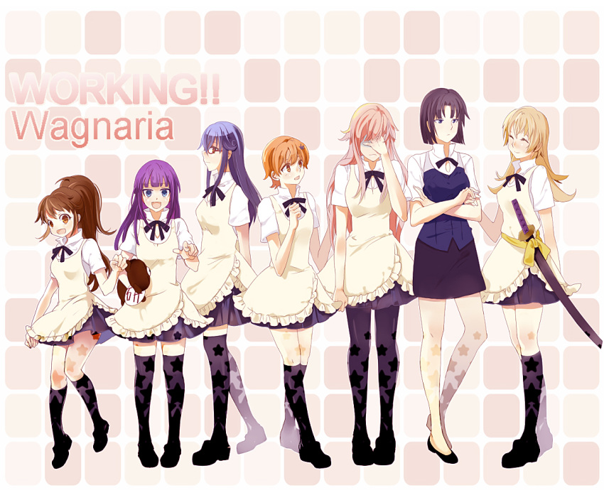 1boy 6+girls :d ^_^ black_hair black_legwear blonde_hair blue_eyes blue_hair brown_eyes brown_hair closed_eyes commentary_request daisy_(working!!) facepalm fengshen9489 full_body inami_mahiru long_hair matsumoto_maya multiple_girls odd_one_out open_mouth orange_hair otoko_no_ko pantyhose photoshop_(medium) pink_hair purple_hair shirafuji_kyouko short_hair smile standing stuffed_animal stuffed_toy sword takanashi_kotori takanashi_souta taneshima_popura teddy_bear thighhighs todoroki_yachiyo waitress weapon working!! yamada_aoi zettai_ryouiki