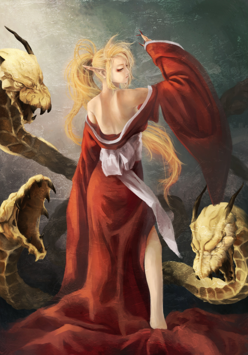 akai_kitsune arm_up back bad_id bad_pixiv_id blonde_hair byunei elf fangs female fingernails highres horns hydra long_fingernails long_hair long_sleeves nail_polish off_shoulder pointy_ears ponytail red_eyes red_nails romancing_saga_3 saga sash solo wide_sleeves