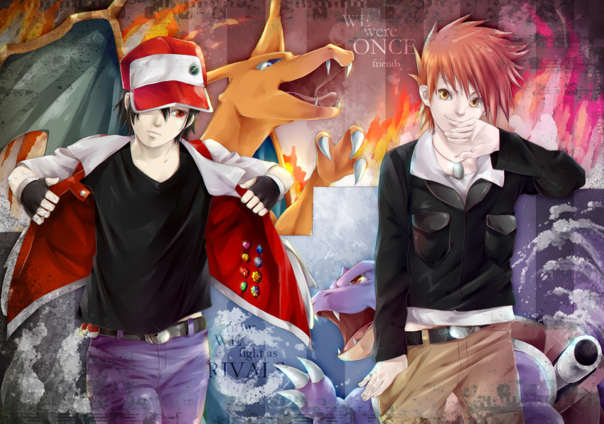 2boys bad_deviantart_id bad_id badge baseball_cap belt black_hair black_shirt blastoise blue_oak boulder_badge brown_hair cascade_badge charizard cowboy_shot earth_badge english_text fangs fingerless_gloves gloves gym_leader_badge hat highres hikarra looking_at_viewer looking_away male_focus marsh_badge multiple_boys pixiv_red pocket poke_ball pokemon pokemon_(creature) pokemon_hgss pokemon_rgby rainbow_badge red_(pokemon) red_eyes shirt soul_badge spiked_hair thunder_badge volcano_badge waist_poke_ball yellow_eyes