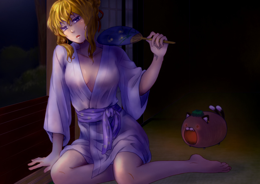 ameya_nihachi barefoot bathrobe blonde_hair breasts chen chen_(cat) commentary_request female glowing glowing_eyes hand_fan hot kayari_buta long_hair medium_breasts novelty open_mouth paper_fan purple_eyes sitting solo sweat touhou uchiwa yakumo_yukari yokozuwari