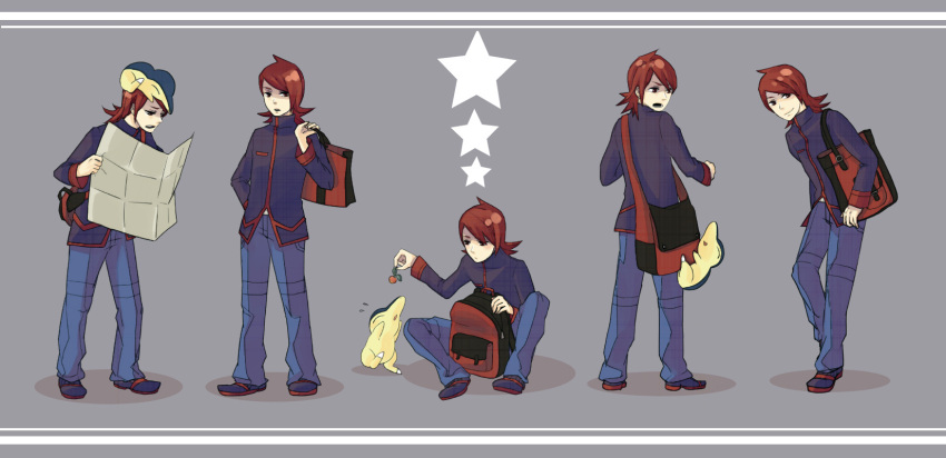 1boy ^^^ backpack bag berry_(pokemon) blue_pants climbing commentary_request creature_on_head cyndaquil feeding flipped_hair food fruit full_body grey_background hand_in_pocket highres holding holding_bag holding_food holding_fruit knee_up konika leaning_forward leppa_berry long_sleeves looking_at_viewer map multiple_views on_head outstretched_arm pants pokemon pokemon_(creature) pokemon_hgss pokemon_on_head reaching reading red_hair shaded_face shoulder_bag silver_(pokemon) simple_background sitting standing star_(symbol)