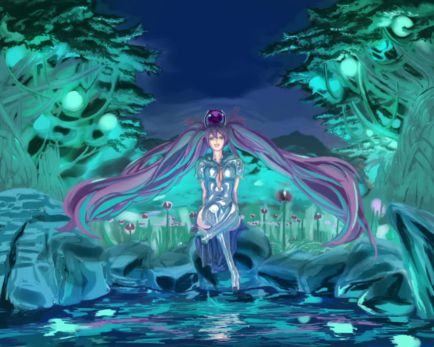 boots breasts commentary_request elbow_gloves ere_(2516325) female gloves green_eyes long_hair medium_breasts mushihime-sama mushihime-sama_futari night night_sky purple_hair reco sky solo thigh_boots thighhighs twintails very_long_hair