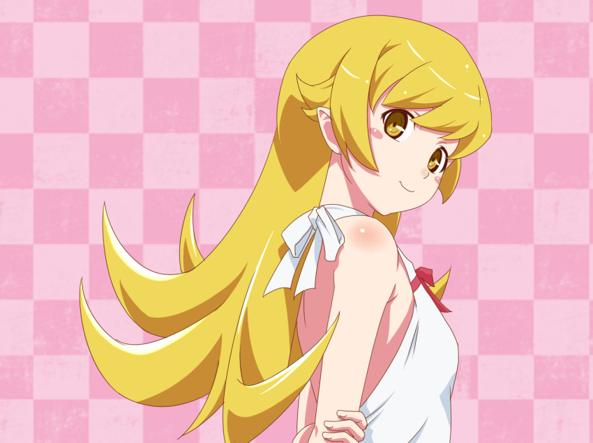 arms_behind_back bare_back blonde_hair blush_stickers checkered_background commentary_request female highres holding_own_arm long_hair looking_at_viewer monogatari_(series) nisemonogatari oshino_shinobu pink_background pitecube pointy_ears smile solo yellow_eyes