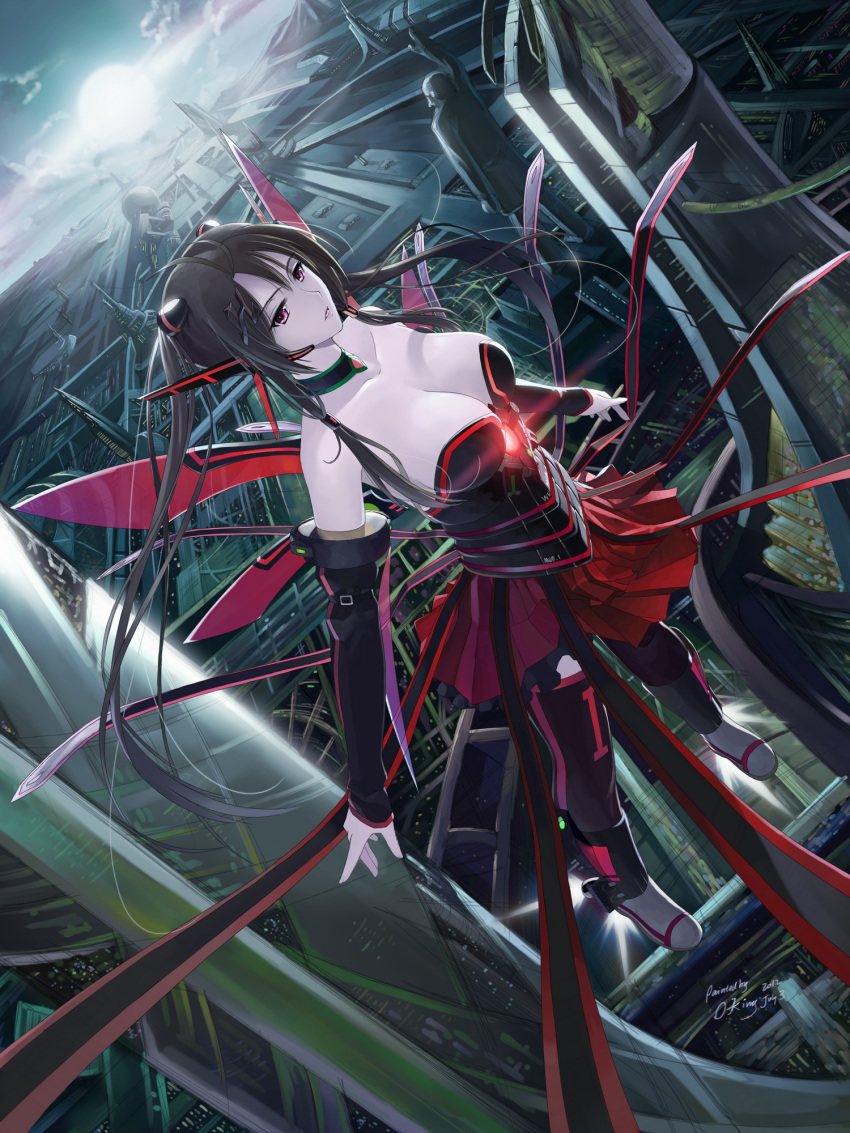 bare_shoulders black_hair breasts choker cityscape cleavage commentary_request detached_sleeves female flying highres large_breasts long_hair mecha_musume okingjo original red_eyes red_wings science_fiction signature skirt solo very_long_hair wings