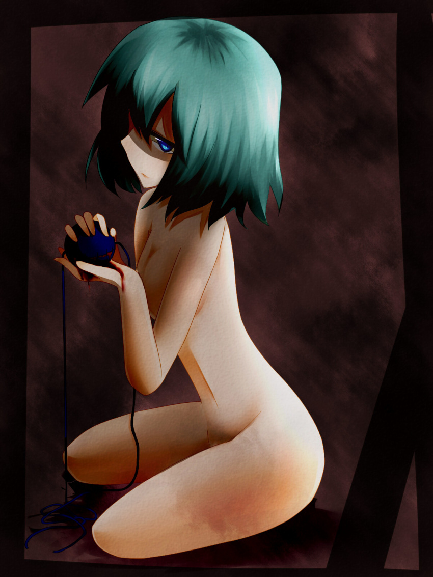 blood blue_eyes closed_eyes closed_mouth commentary_request female green_hair highres hyou_haku komeiji_koishi looking_at_viewer nude short_hair solo third_eye touhou