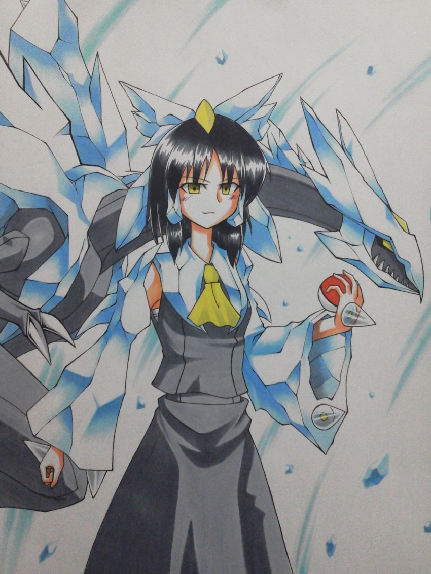 bad_id bad_pixiv_id black_hair crossover female fusion hakurei_reimu highres holding holding_poke_ball ice kyurem omega_na_hito poke_ball poke_ball_(basic) pokemon pokemon_(creature) pokemon_bw touhou