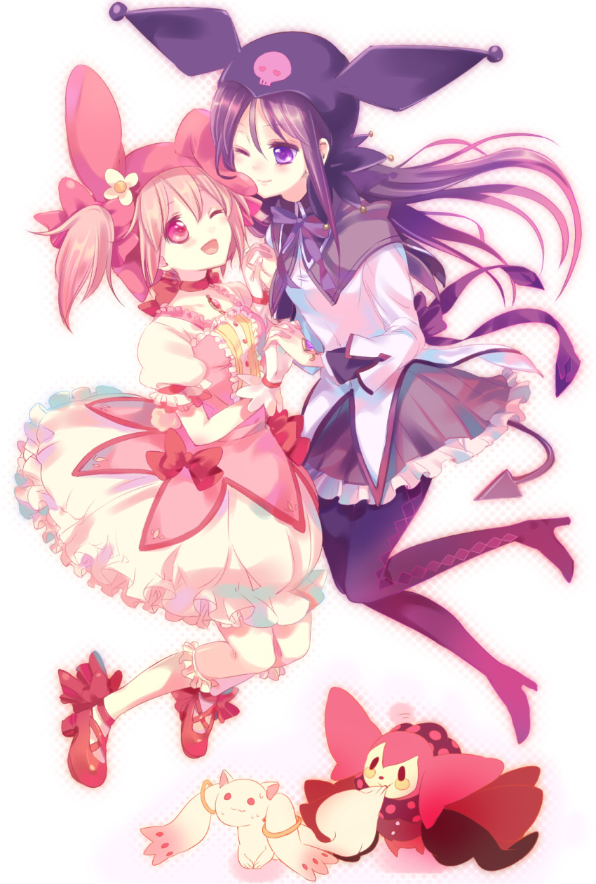 2girls akemi_homura akemi_homura_(magical_girl) black_hair bow bubble_skirt charlotte_(madoka_magica) choker commentary_request cosplay gloves hairbow hat highres holding_hands interlocked_fingers kaname_madoka kaname_madoka_(magical_girl) kuromi kuromi_(cosplay) kyuubee long_hair magical_girl mahou_shoujo_madoka_magica mahou_shoujo_madoka_magica_(anime) multiple_girls my_melody my_melody_(cosplay) one_eye_closed onegai_my_melody pantyhose pink_eyes pink_hair purple_eyes sanrio short_hair skirt twintails white_gloves yamada_ako