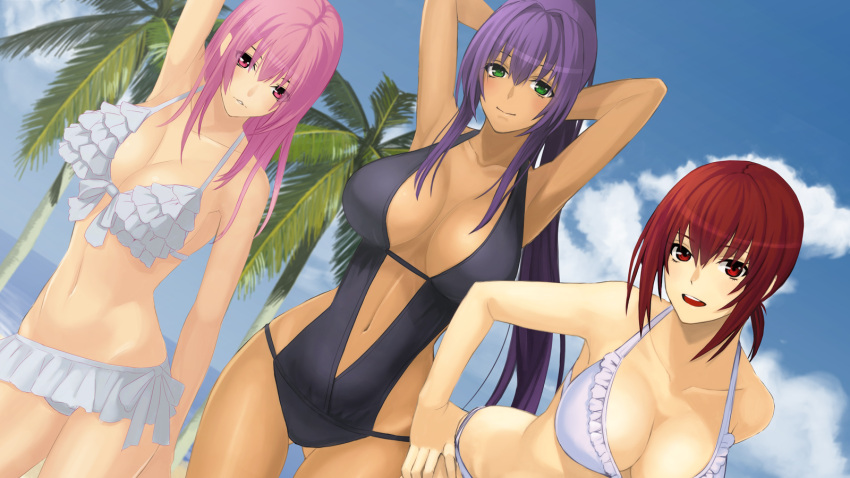 3girls :d arm_behind_head armpits arms_behind_head ass_visible_through_thighs beach bikini black_one-piece_swimsuit blue_sky border_break breasts character_request cleavage cloud collarbone commentary_request damegane dark-skinned_female dark_skin day frilled_bikini frills green_eyes hand_on_own_hip highres kong_(kumabukuro) large_breasts leaning_forward long_hair looking_at_viewer multiple_girls navel ocean one-piece_swimsuit open_mouth outdoors palm_tree parted_lips personification photoshop_(medium) pink_eyes pink_hair ponytail purple_eyes purple_hair red_eyes red_hair sky smile swimsuit thigh_gap tree white_bikini